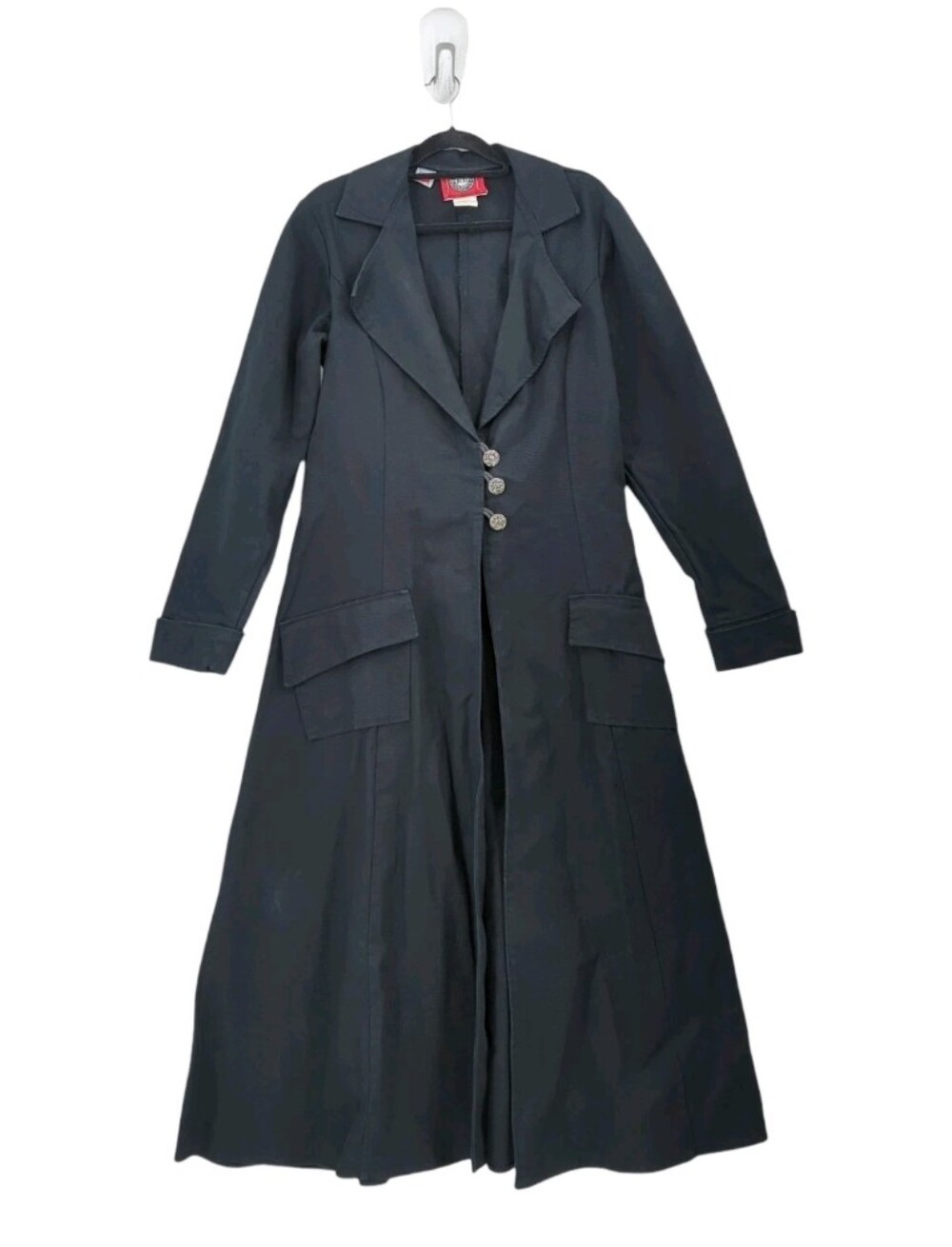 Red Balls On Fire Denim Trench Maxi Coat Black Goth Vampire punk Vtg S